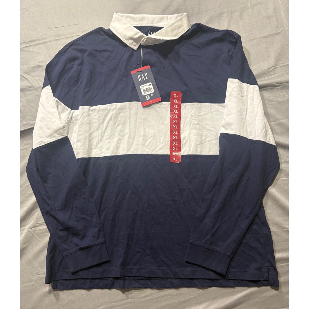 Gap Mens Rugby Shirt XL Navy Blue White Long Sleeve Stripe Polo New GP011722